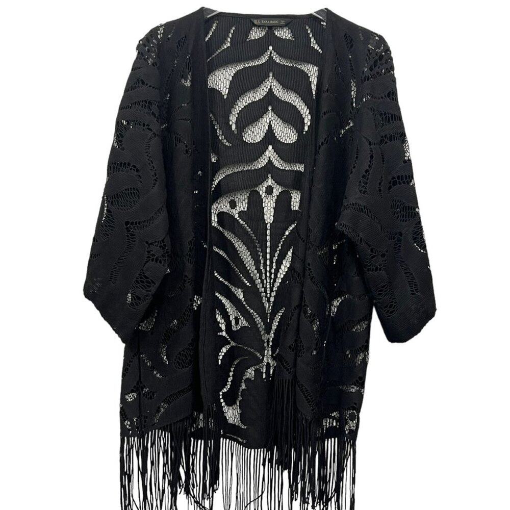 Zara Size M Black Lace Kimono Top 3/4‎ Sleeve Open Front Fringe Hem Crochet Knit